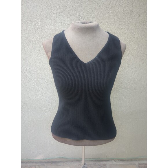 Marled Tank V Neck BlackShirt Top Size Med knit style top vest ribbed - Picture 1 of 8